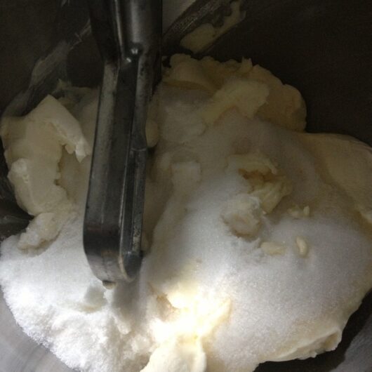 cream cheese and sugar in a stand mixer