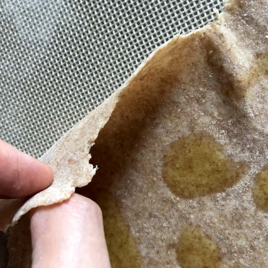 Me holding a piece of paper thin whole wheat st. louis style pizza dough between my fingers to show how thin it is.