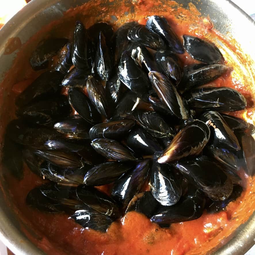 mussels just added to the pan