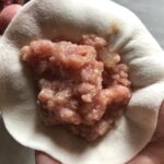 pork and aspic mixture in the center of a dumpling wrapper in my hand