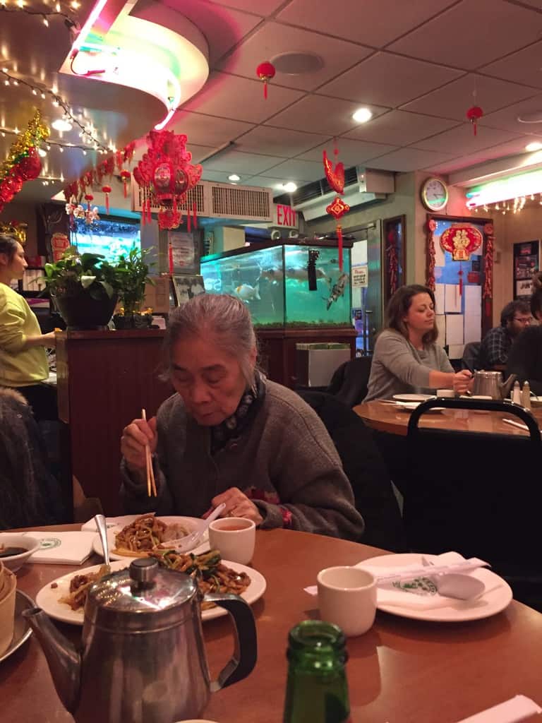 communal tables at Joe's Shanghai in NYC and our table guest was a very cute elderly Chinese woman and her daughter
