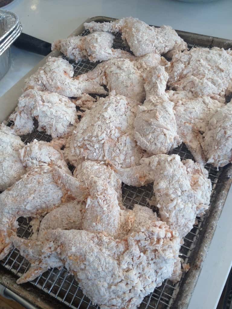 The buttermilk brined chicken about ready to fry.