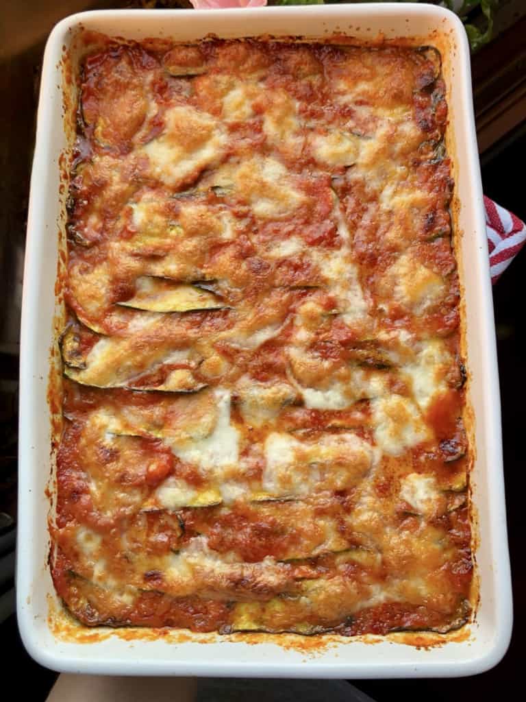 fully baked and beautifully bubbly, melty , golden brown cheesy eggplant and zucchini parmigiano