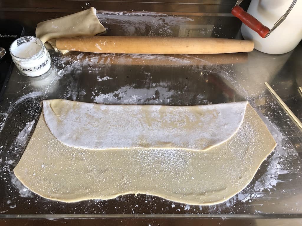 homemade wonton dough being folded over itself to get ready to rest
