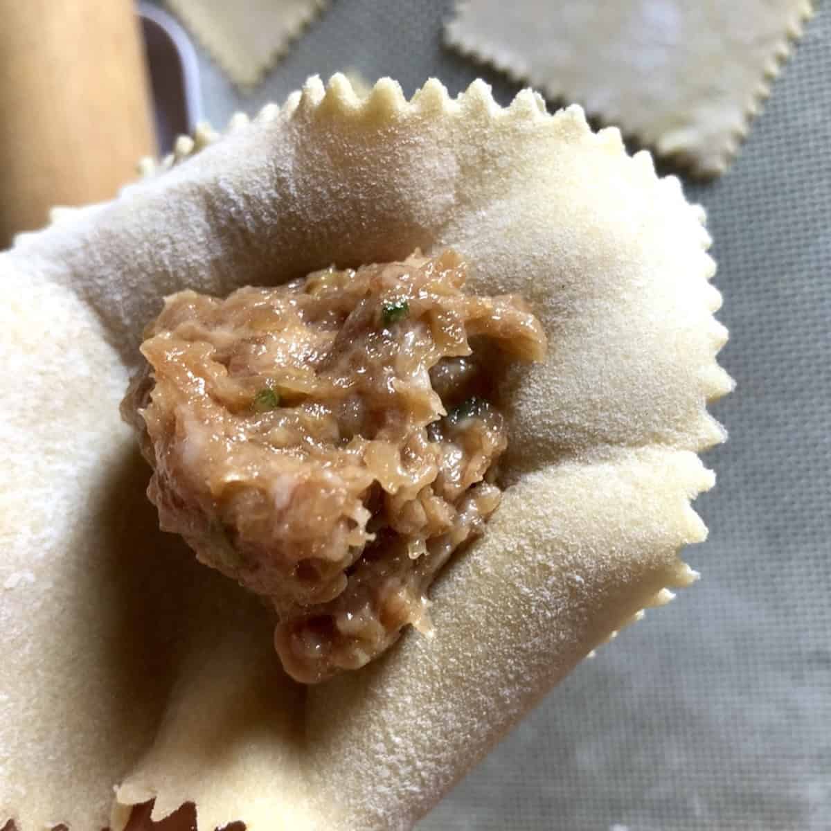 A homemade wonton wrapper filled with Sichuan pork wonton filling showing how to wrap wonton in the traditional shape, pork wonton recipe with homemade wrappers.
