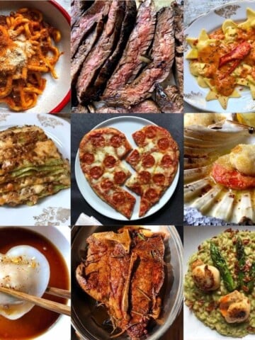 Valentines dinner recipes featuring pasta all'amatriciana, butter basted ribeye steak, lobster ravioli, scallops gratin, lasagna bolognese, carne asada, heart shaped pepperoni pizza, har gow shrimp dumplings, and asparagus risotto with pan seared scallops and crispy bacon for romantic dinner ideas.