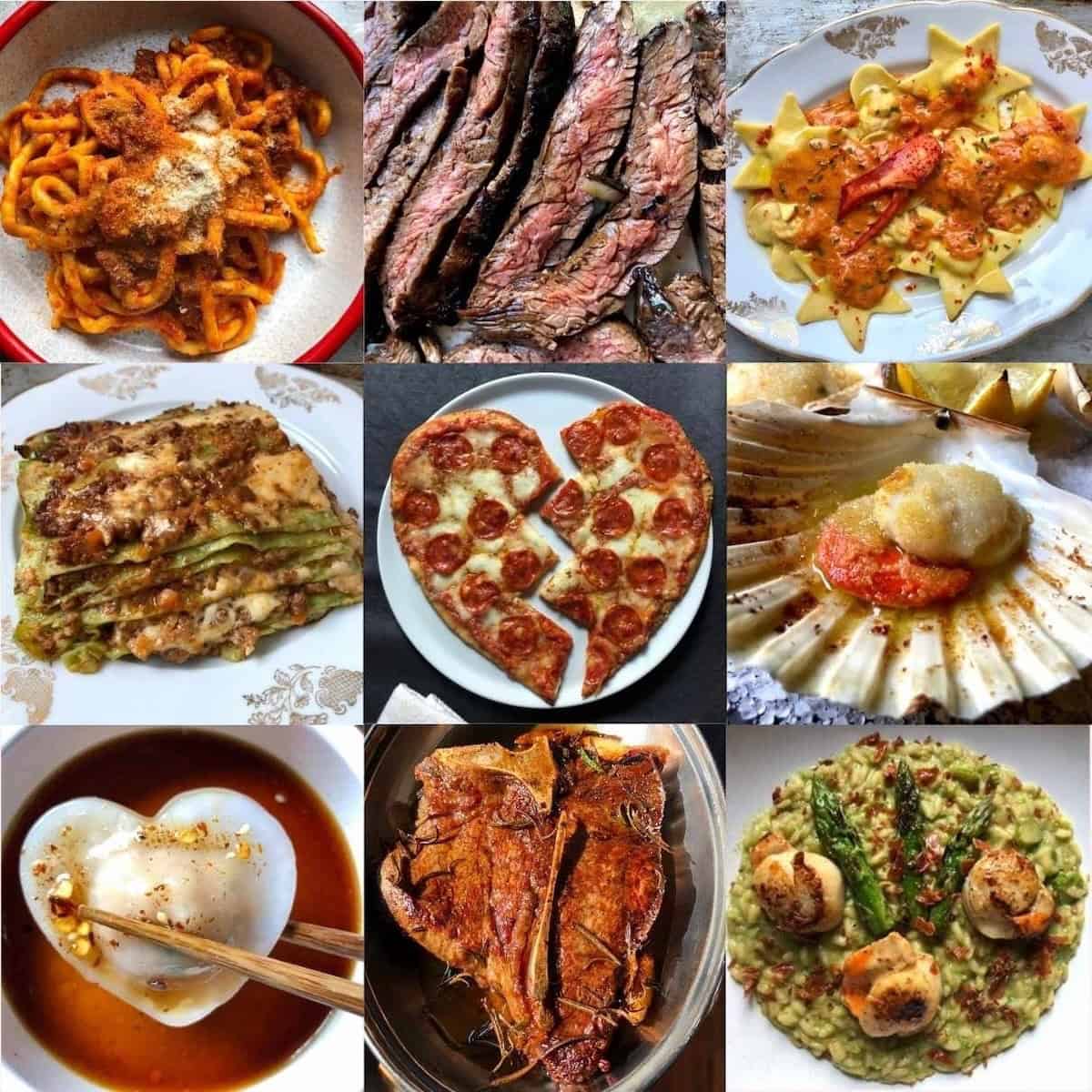 Valentines dinner recipes featuring pasta all'amatriciana, butter basted ribeye steak, lobster ravioli, scallops gratin, lasagna bolognese, carne asada, heart shaped pepperoni pizza, har gow shrimp dumplings, and asparagus risotto with pan seared scallops and crispy bacon for romantic dinner ideas.