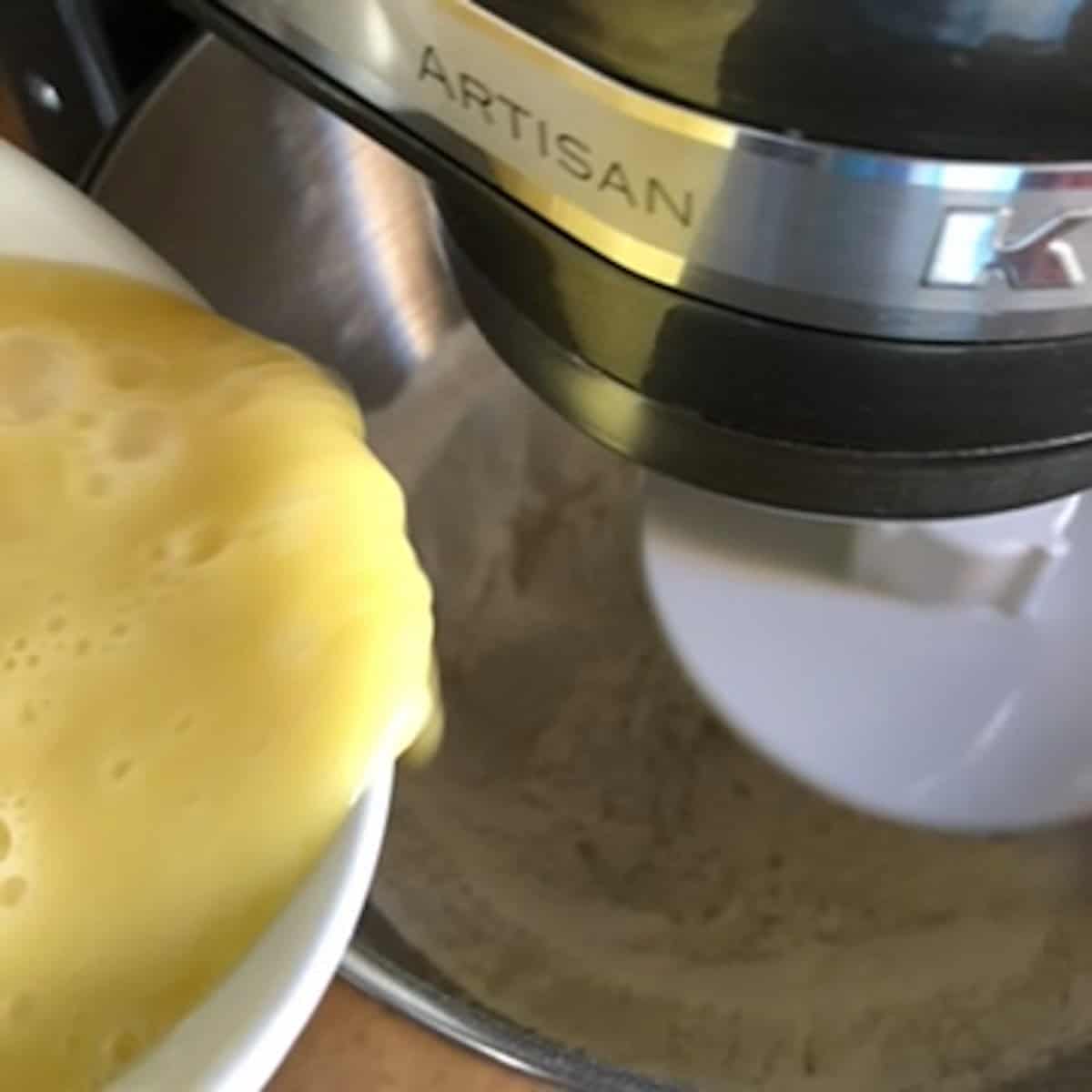 Adding eggs to the flour and salt mixture in a KitchenAid mixer, wonton wrapper ingredients combining to form homemade wonton wrappers dough.
