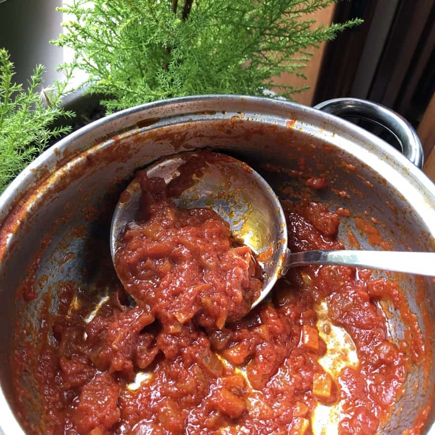 a ladle full of deep red tomato pasta sauce