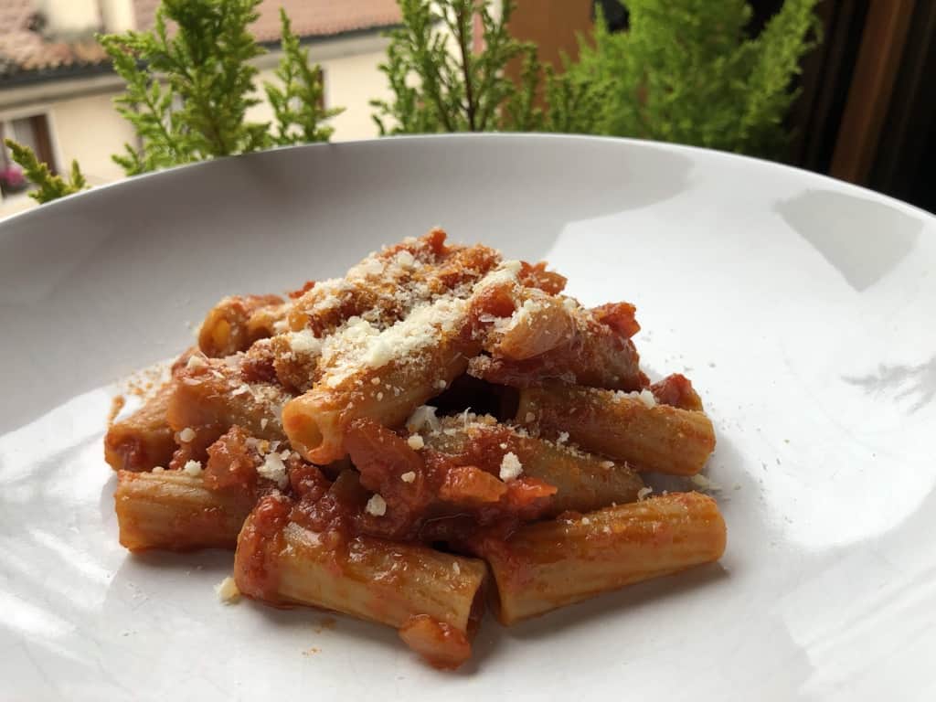 a plate full of rigatoni pasta with homemade tomato sauce sprinkled with Grana Padano cheese with a view out of the window with lime green baby crypress trees and Italian rooftops