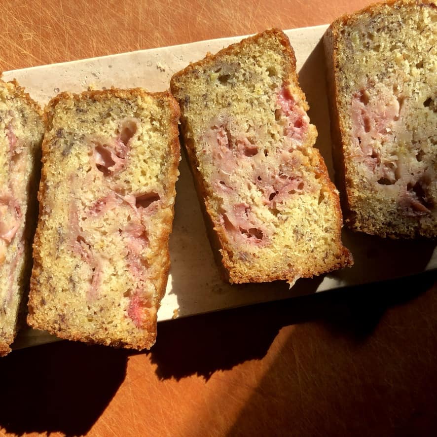 sliced strawberry banana bread cake sliced