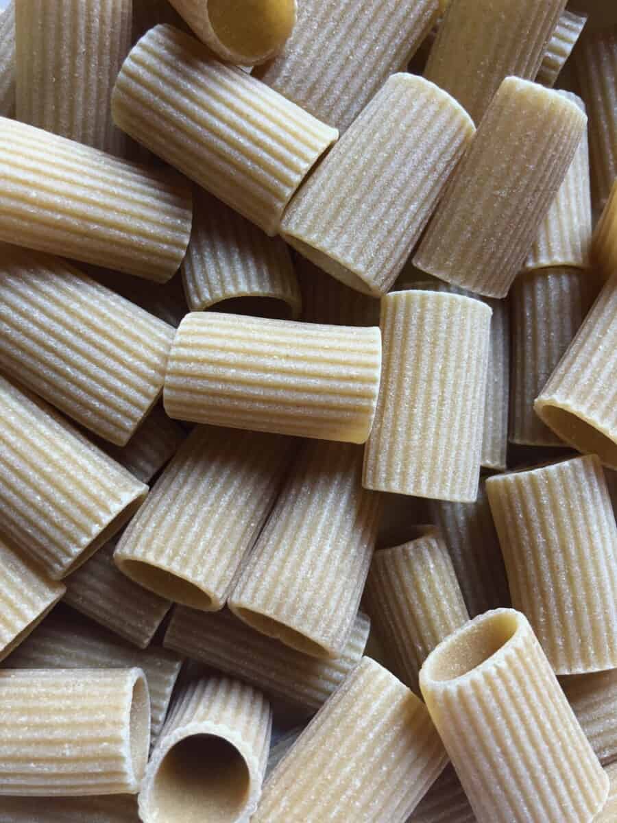 closeup of whole wheat organic rigatoni noodles
