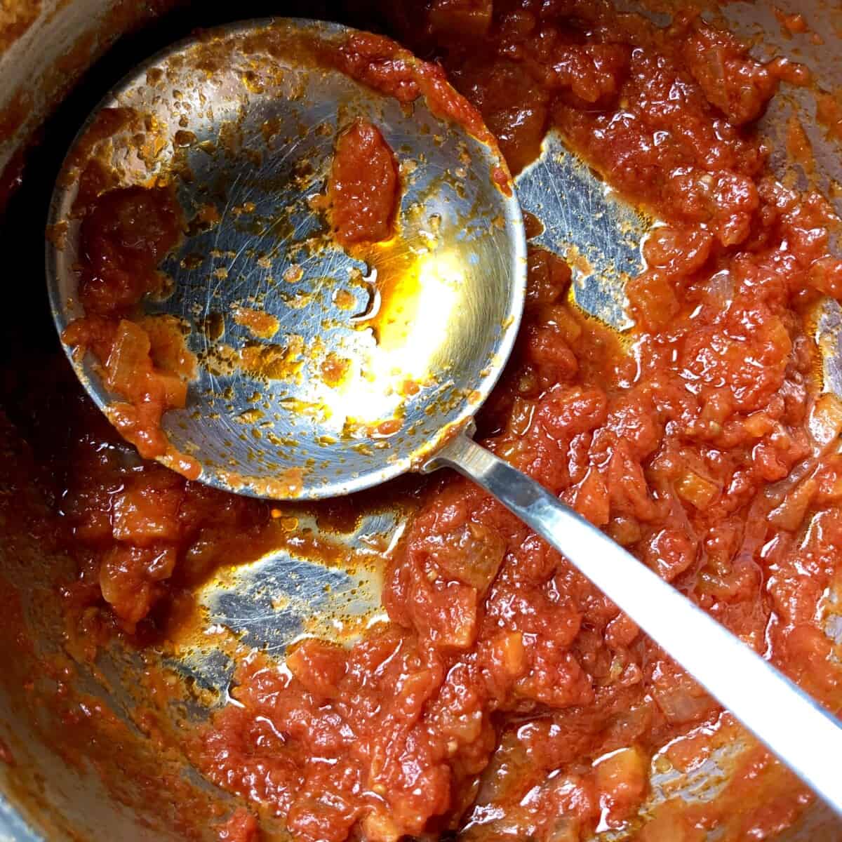a ladle full of deep red tomato pasta sauce