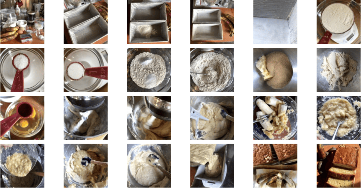 24 in-process step-by-step photos (a collage) for how to make Banana Bread from scratch beginning with the ingredients through being baked and sliced.