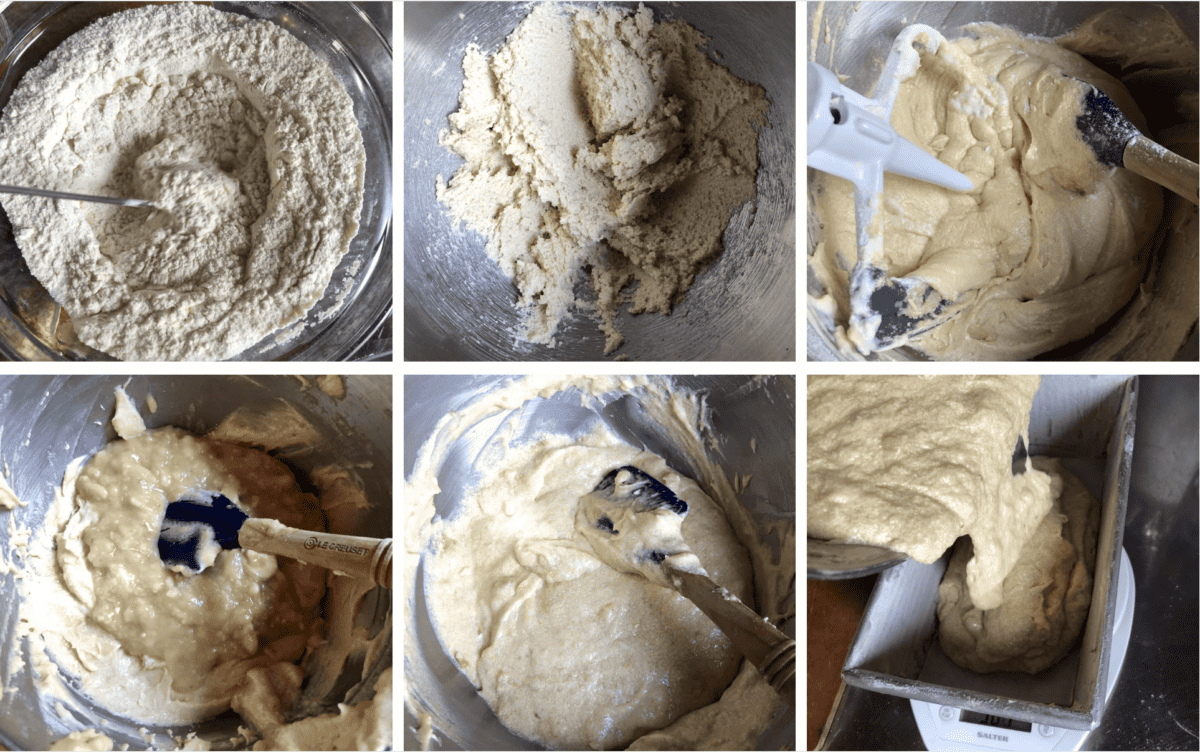 In-process step by step photos of making banana bread batter to show the various consistencies the batter has with each addition of ingredients.