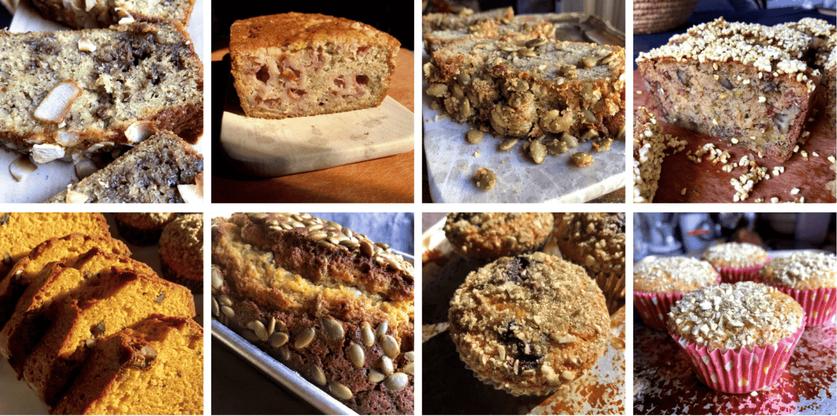 A collage of 6 photos of more banana bread recipes, pumpkin bread recipes, and blueberry muffins.
