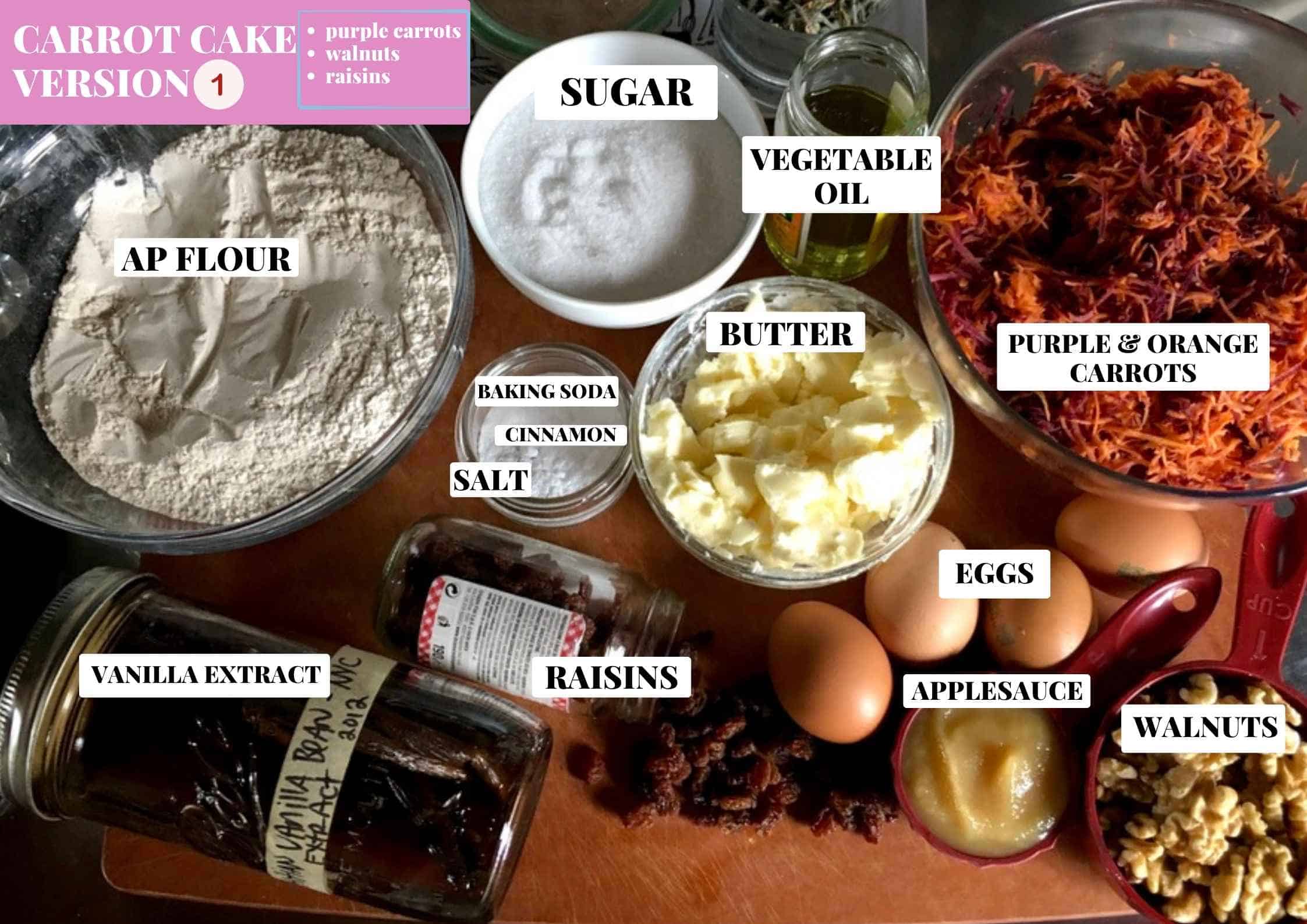 Labeled carrot cake ingredients for Version 1 on a cutting board, featuring purple carrots, toasted walnuts, and golden raisins for a classic homemade carrot cake recipe.