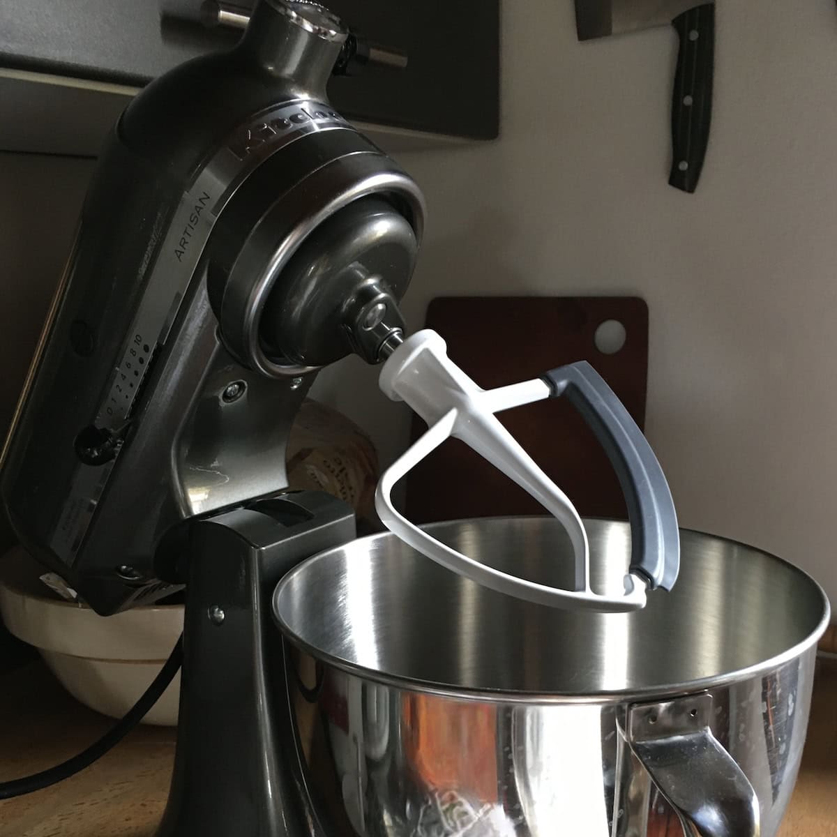  KitchenAid stand mixer set up and ready for making carrot cake batter.
