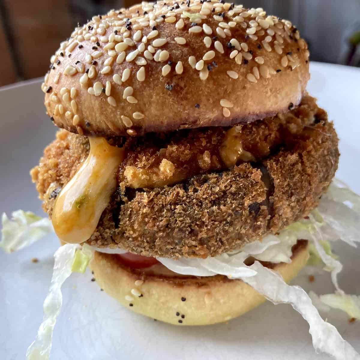 Shake Shack shroom burger copycat recipe with melted cheese oozing from a crispy breaded and fried portobello mushroom on a homemade potato bun topped with sesame seeds and poppy seeds, the best vegetarian burger for cheese stuffed mushroom burger lovers.