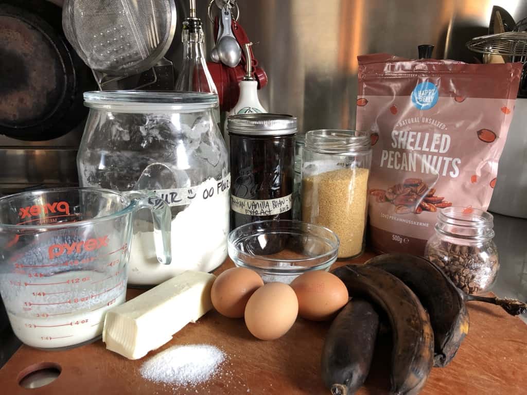 banana bread cake ingredients on a cutting board on the countertop