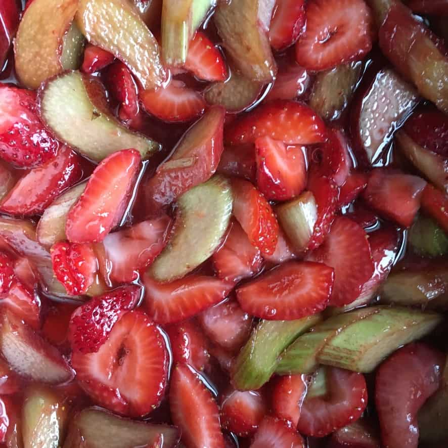 slightly cooked strawberry rhubarb sugar and lime juice mixture