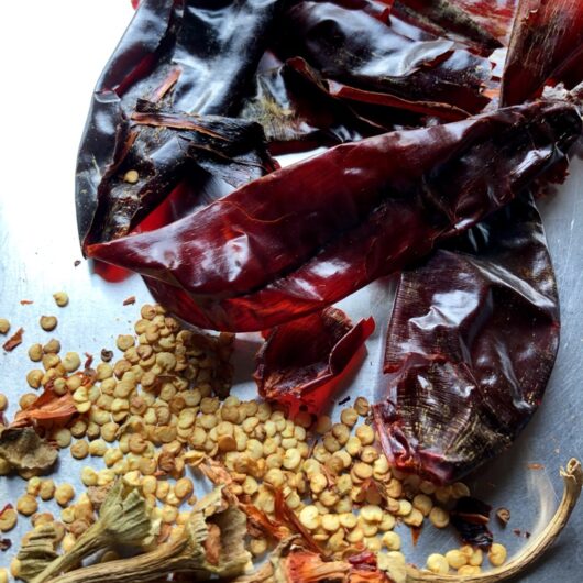 dried Guajillo peppers with stems and seeds removed