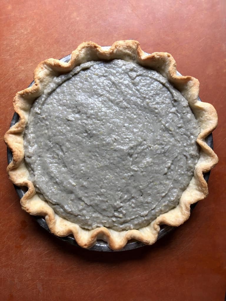 grey coconut cream seasoned naturally with a bit of black sesame paste to turn it completely grey in a pie crust without the whipped cream topping added