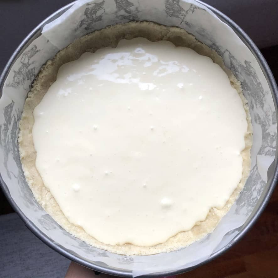mascarpone filling in the torte shell in a springform pan