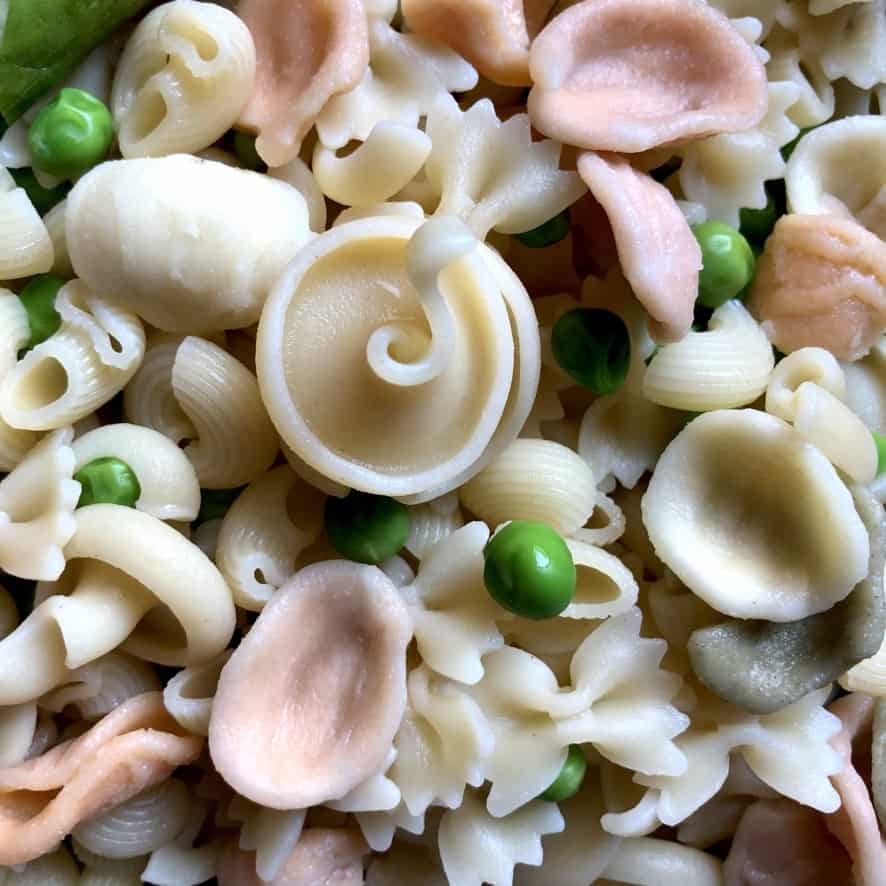 3 different types of pasta being used in this mediterranean pasta salad recipe.
