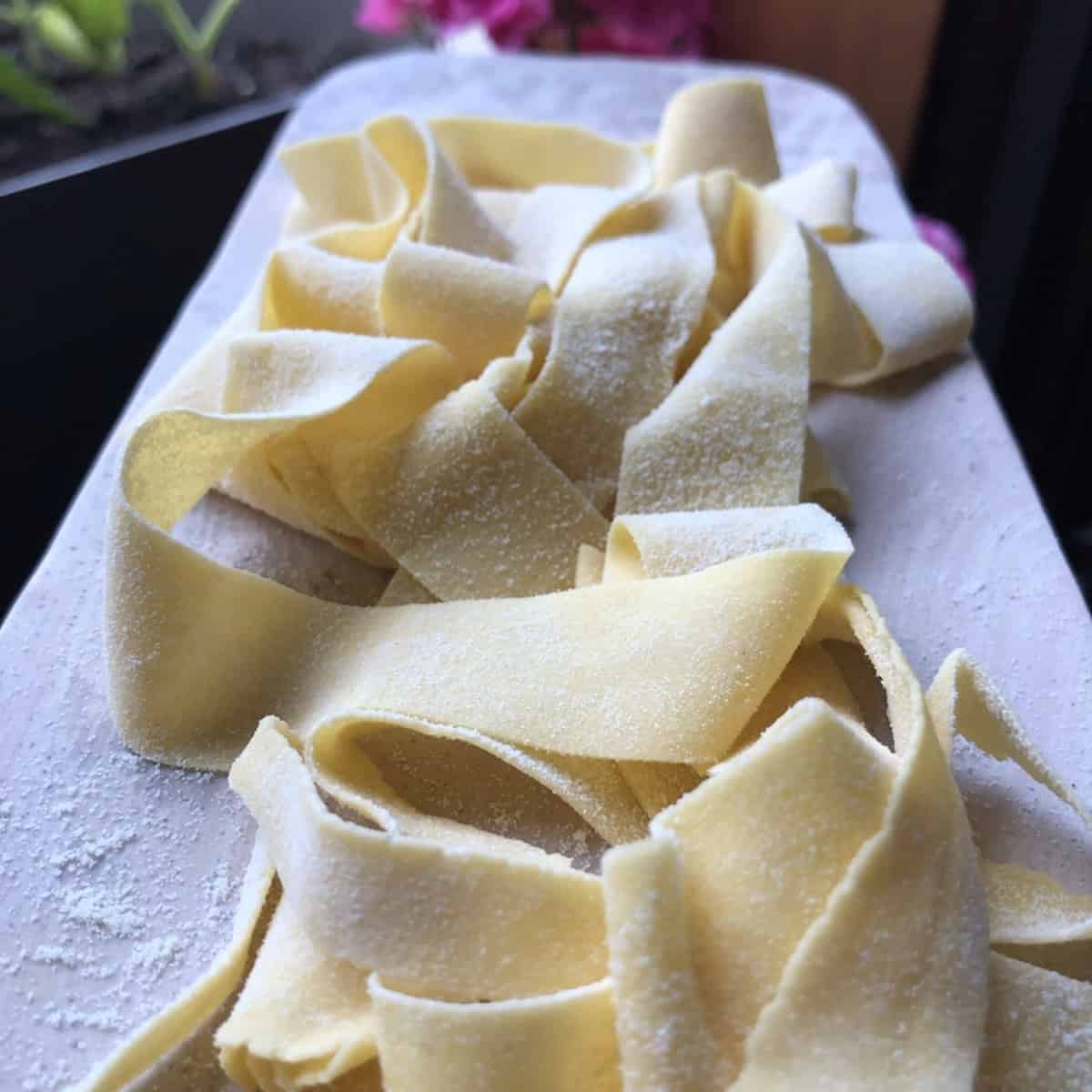 Fresh egg pasta pappardelle ribbons made from scratch arranged on marble serving tray ready to cook showing homemade pasta texture and golden yellow color.