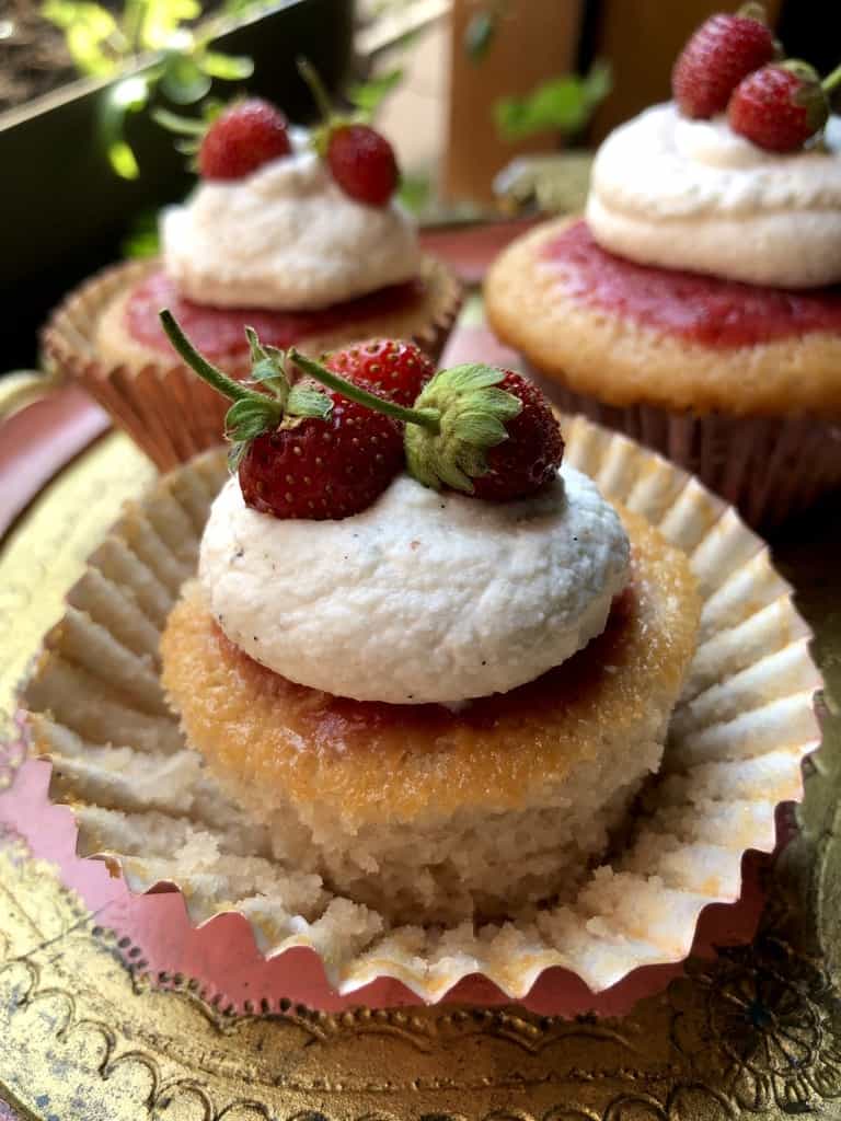 All-natural strawberry cake cupcakes with strawberry vanilla bean whipped cream
