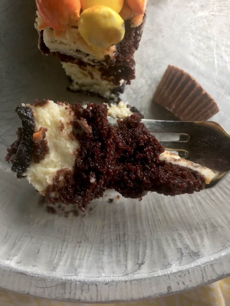 a fork with a bite of devils food cake cheesecake