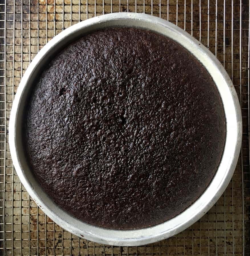 a devil's food cake after just being baked glistening on top because it's so moist