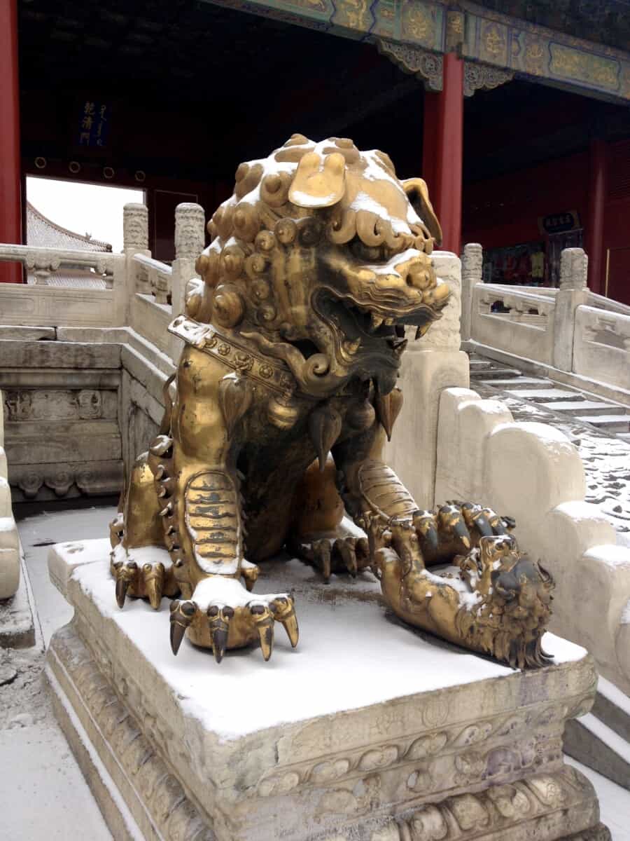 Gilt Bronze lions flanking the south face of the Gate of Heavenly Purity inside The Forbidden City