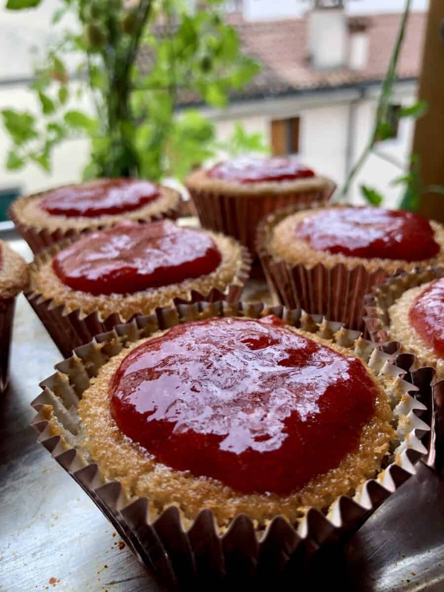 3 homemade strawberry cupcakes topped with strawberry gelée