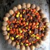 a Reese's Devil's Food Cake Cheesecake topped with Reese's Pieces and Reese's Mini Peanut Butter Cups with a border of Jumbo Reese's Pieces Cereal surrounding the perimeter