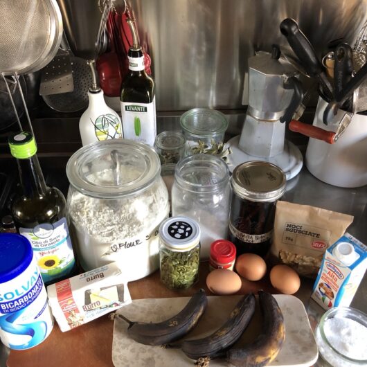 banana bread cake ingredients on a cutting board on the countertop