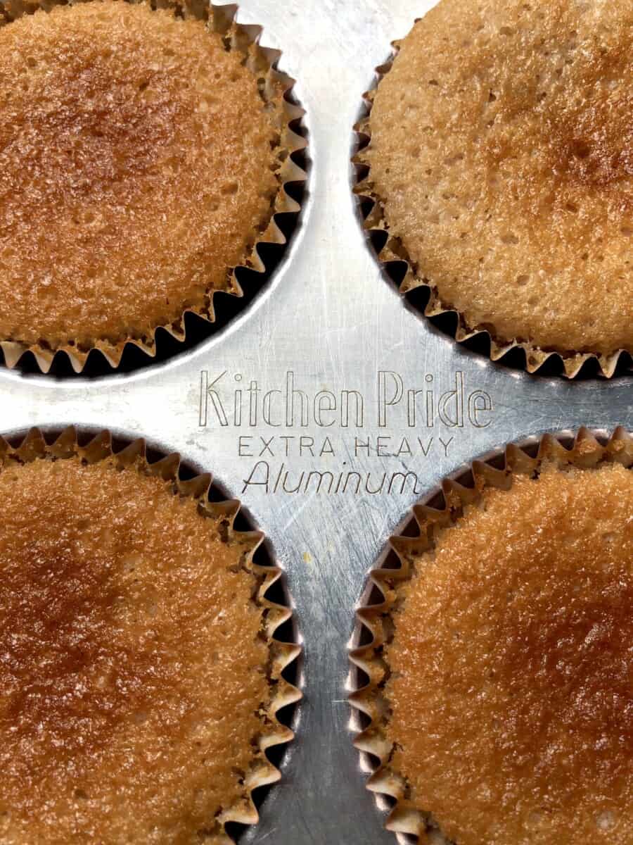 4 all-natural strawberry cupcakes in a muffin tin