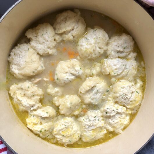 raw dumplings just added to the chicken stoup base