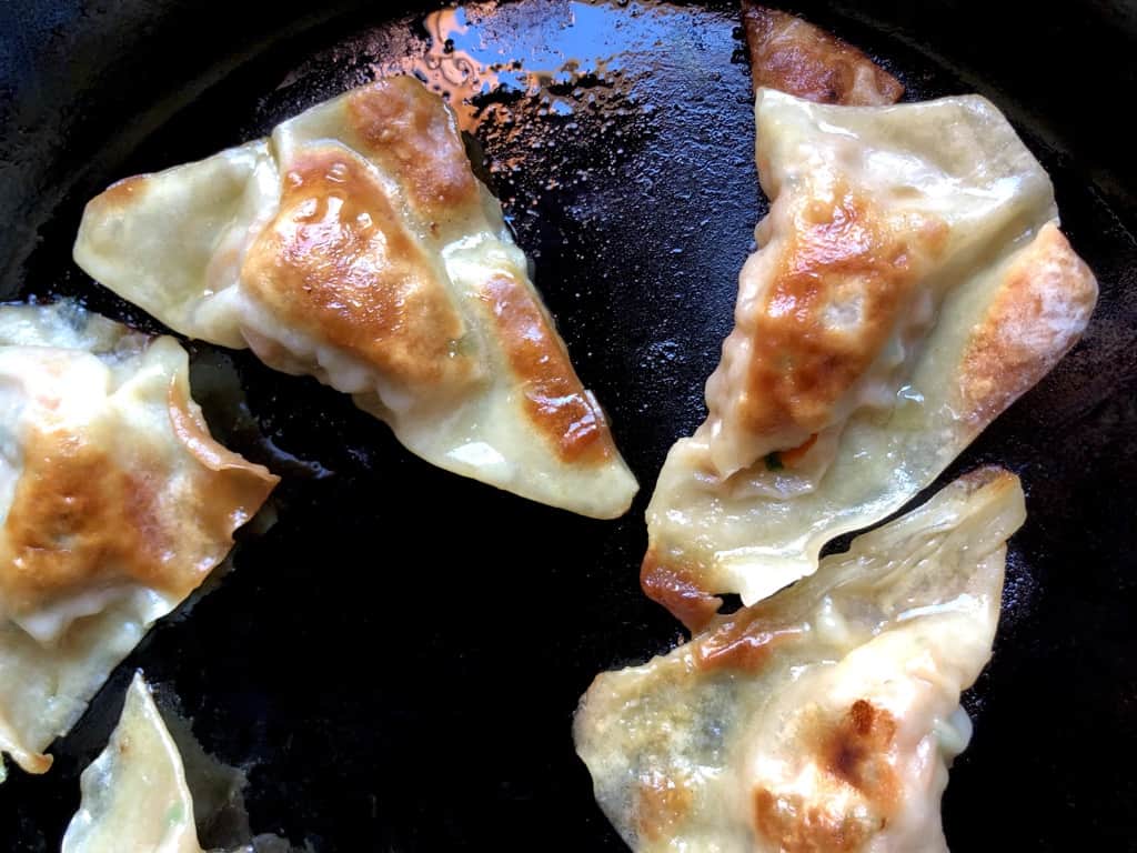 pork potstickers in a cast iron skillet with golden brown tops and glistening after just being steamed