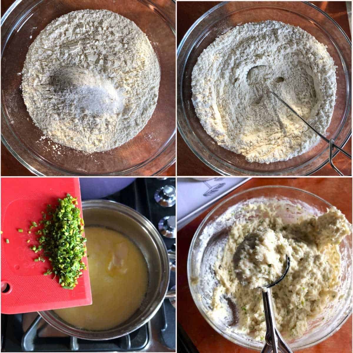 Four step collage showing dry ingredients in a bowl, whisked together, chives added to the melted butter and milk mixture, and the thick fluffy chive drop dumpling batter ready to add to the soup.