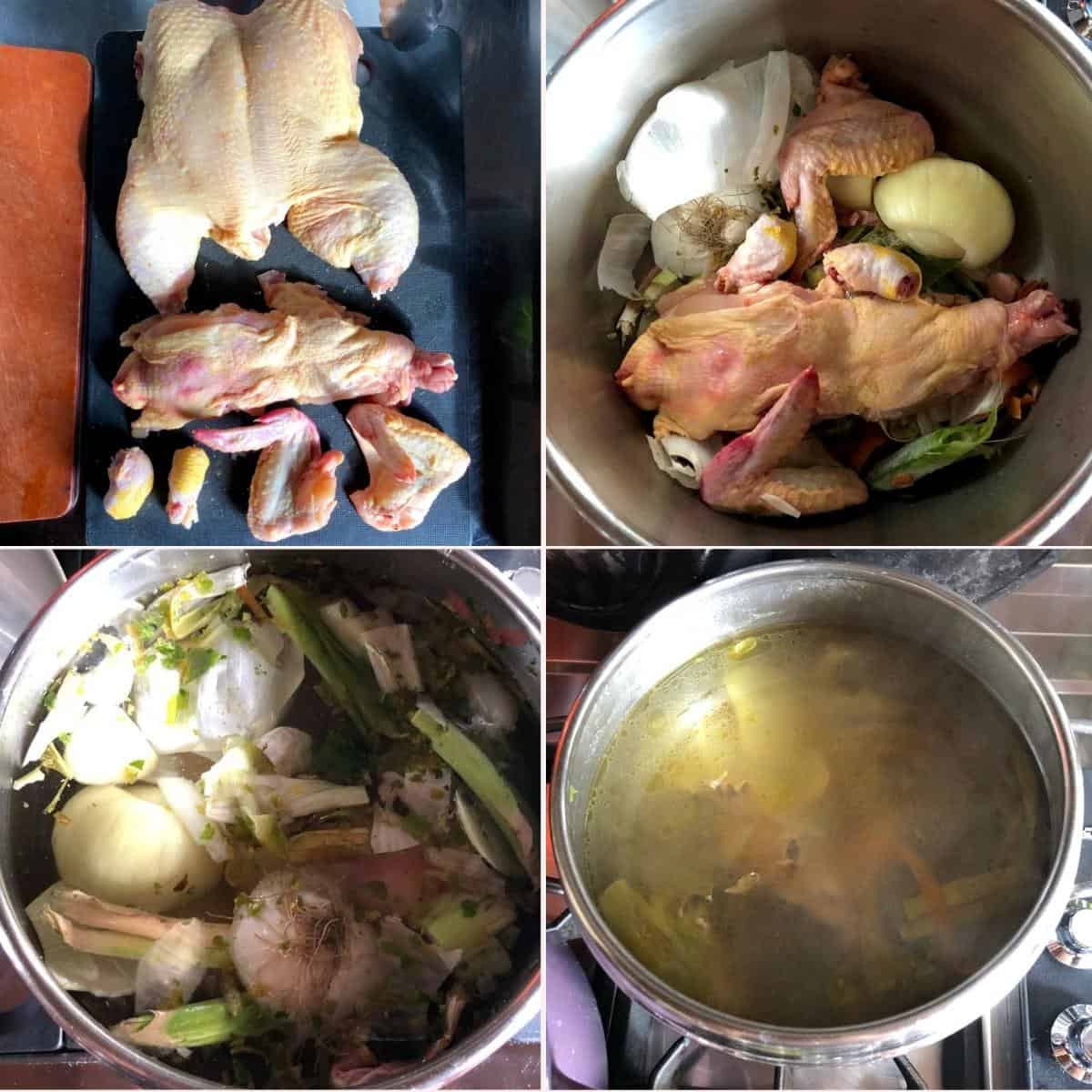 Four step collage showing how to make a quick 30 minute pressure cooker chicken broth using leg knuckles, wings, and chicken back for a deeply flavored chicken and dumpling soup base.