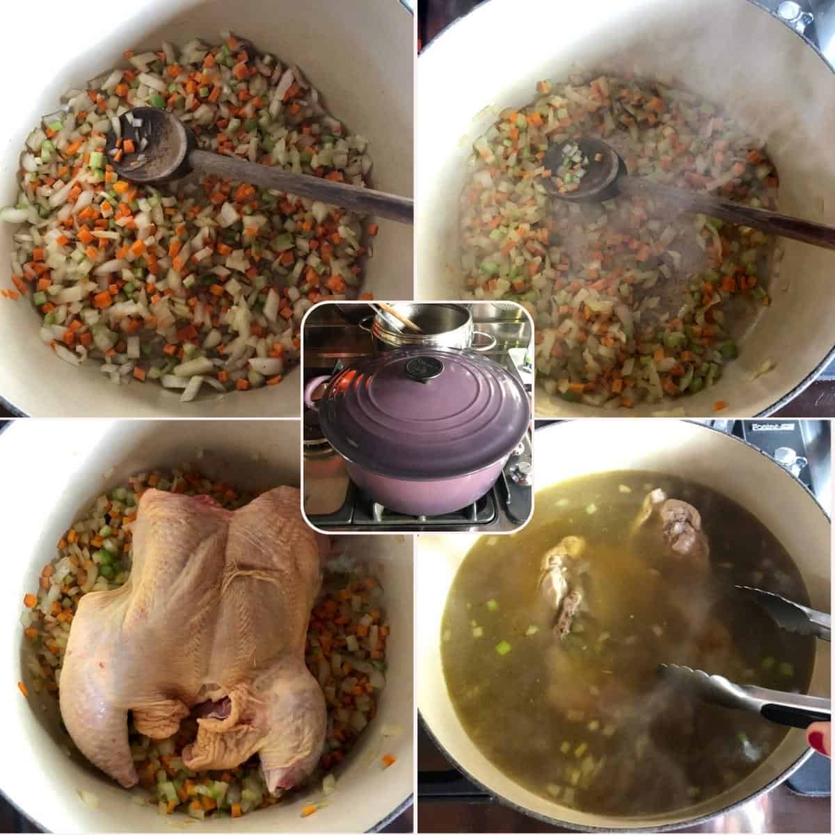Five step collage showing mirepoix sauteing in a Le Creuset Dutch oven, the vegetables properly cooked, a whole chicken added, chicken stock poured in to cover, and the lid placed on to cook the soup base.
