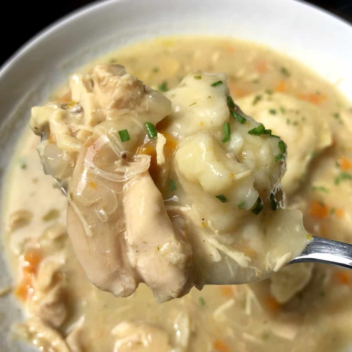A spoonful of chicken and dumpling soup showing chunks of chicken and fluffy drop dumplings.