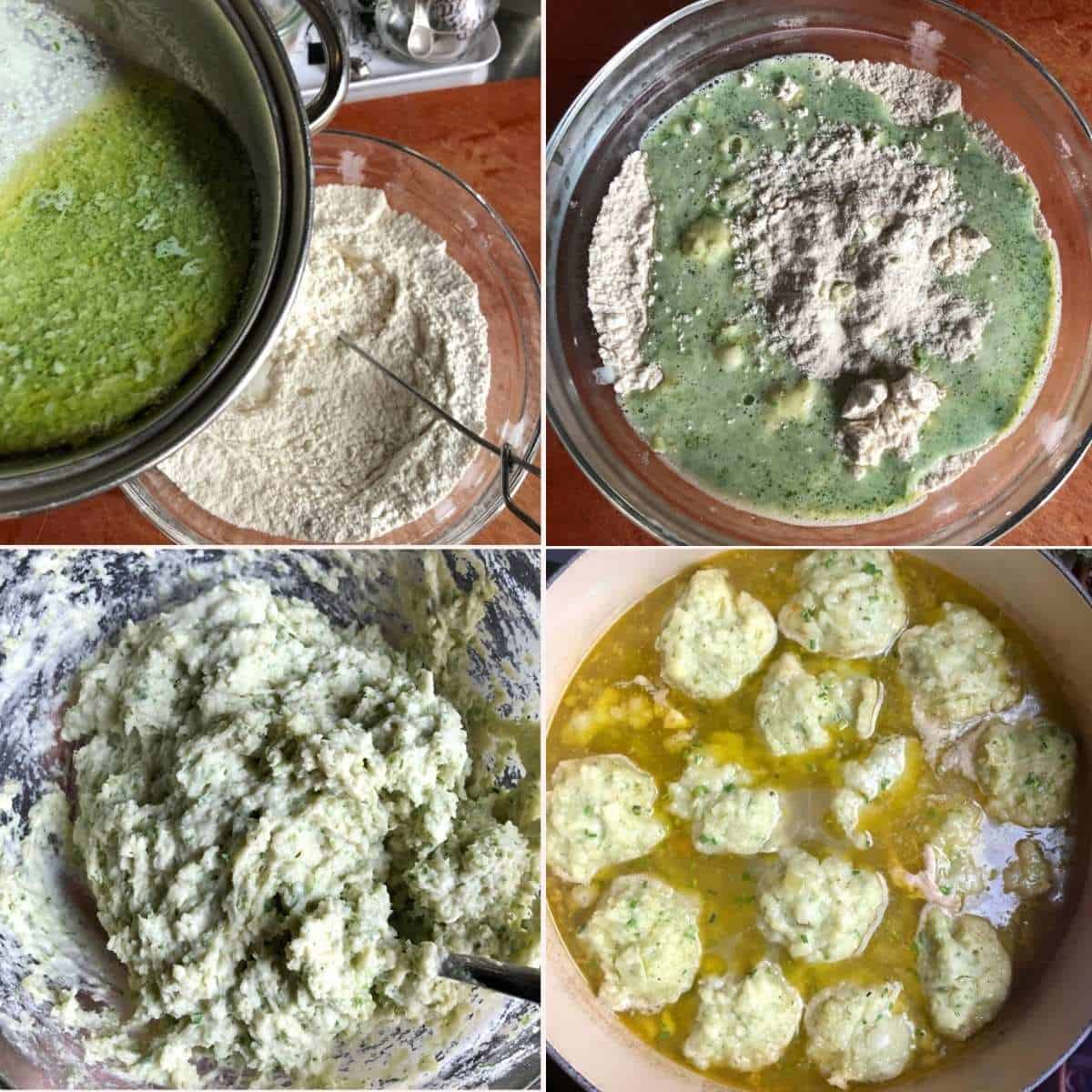 Four step collage showing how to make green chive southern dumplings by pureeing chives with milk, warming with melted butter, mixing into the dry ingredients to form pale green dumpling batter, and the steamed green dumplings on top of the chicken and dumplings.