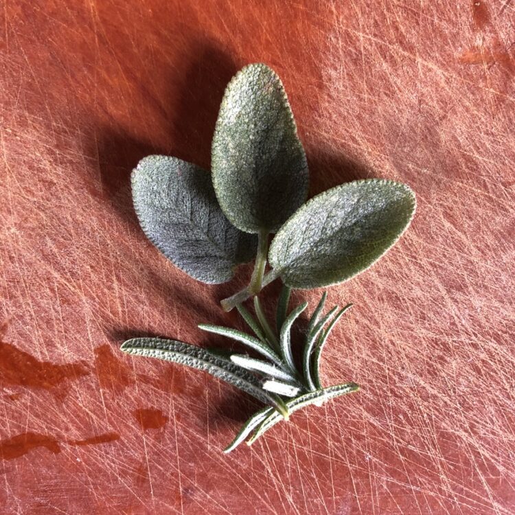 3 sage leaves and a sprig of rosemary containing just 15 leaves
