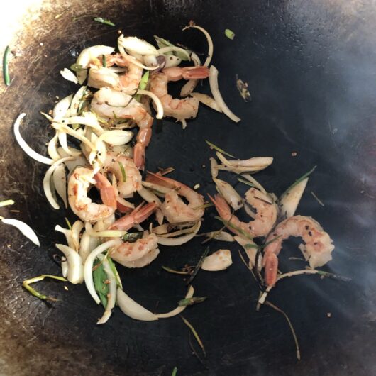 stir frying the shrimp