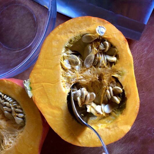 a spoon scooping out the seeds from a pumpkin
