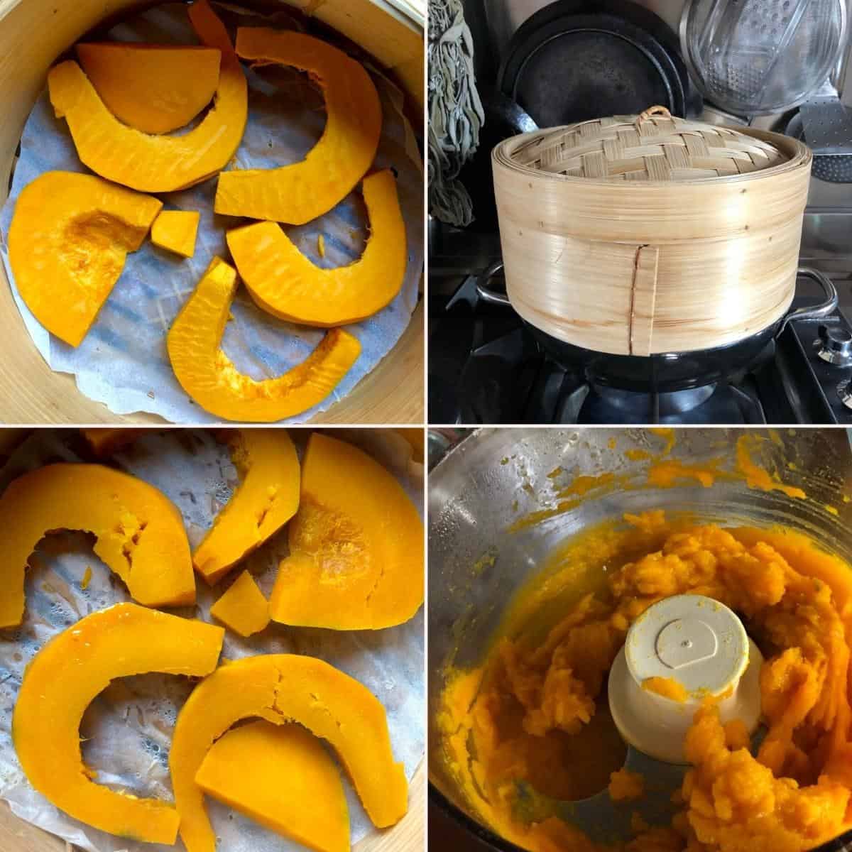 Four panel collage showing how to make homemade pumpkin puree by steaming peeled sliced kabocha pumpkin in a bamboo steamer over boiling water, the steamed slices, and the finished puree in a food processor.
