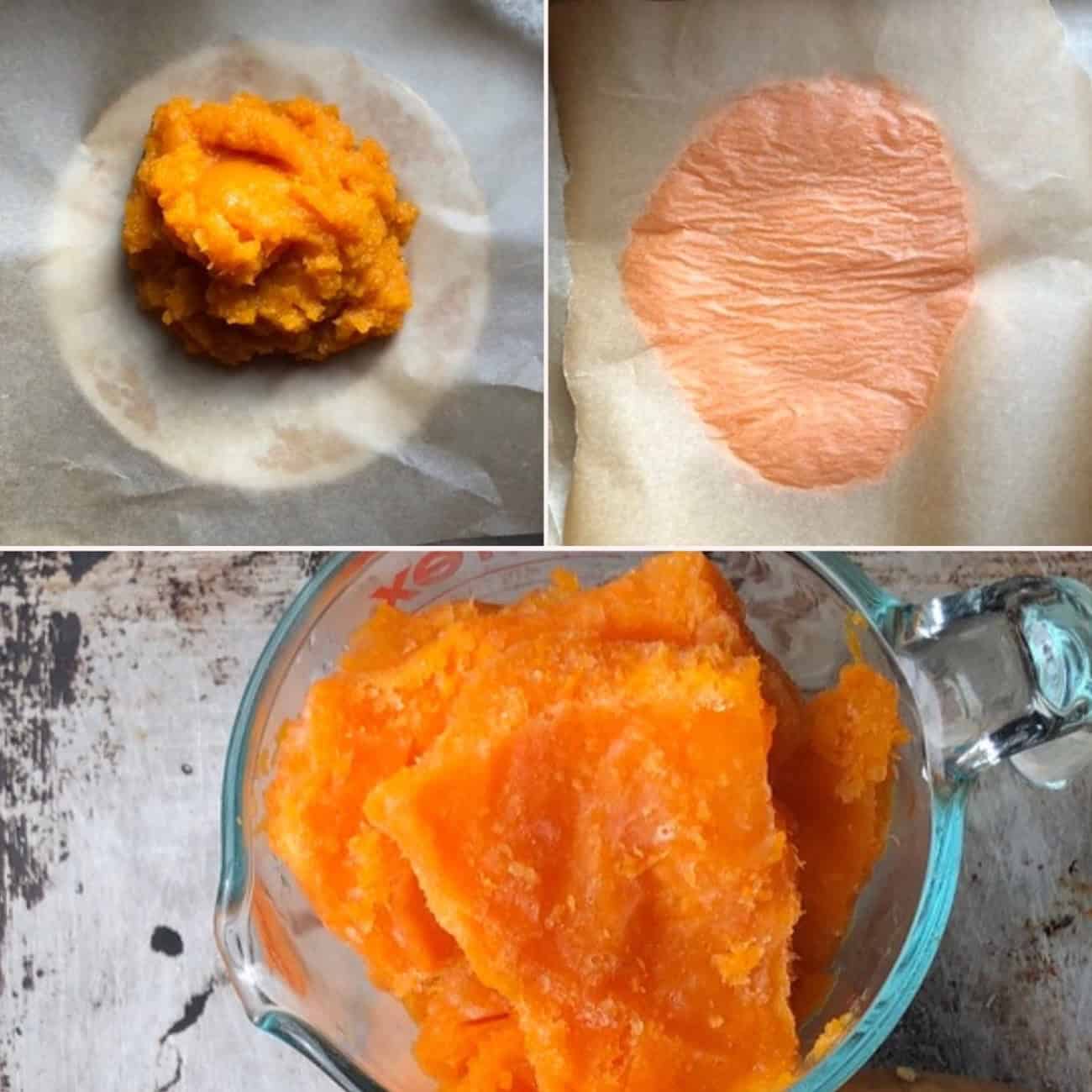 Three panel collage showing how to store homemade pumpkin puree by portioning onto parchment paper, flattening with a second sheet for easy stacking, and frozen puree ready to thaw and use.
